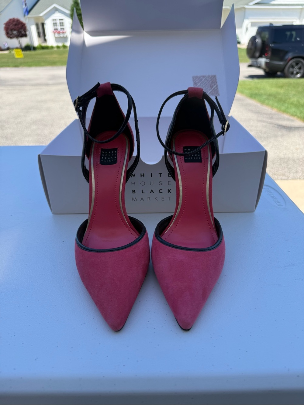 White House Black Market Pink Suede Pointed-Toe Ankle-Strap Heels